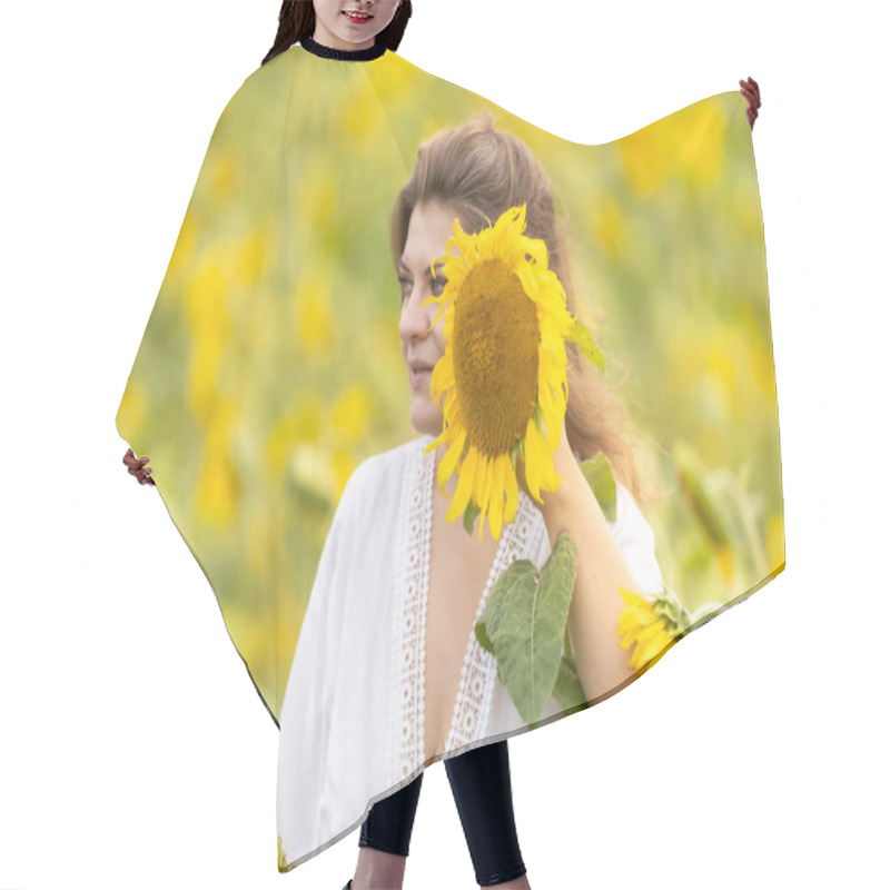 Personality  A Woman In White In A Field Of Sunflowers: A Moment Of Serenity Among Yellow Blossoms Hair Cutting Cape