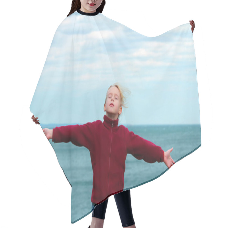 Personality  Teenager Girl Arms Raised Enjoying The Fresh Ocean Air. Hair Cutting Cape