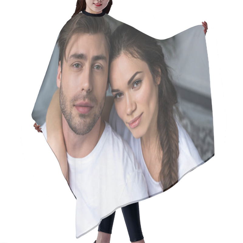 Personality  Attractive Woman Embracing Her Husband In Bedroom Hair Cutting Cape