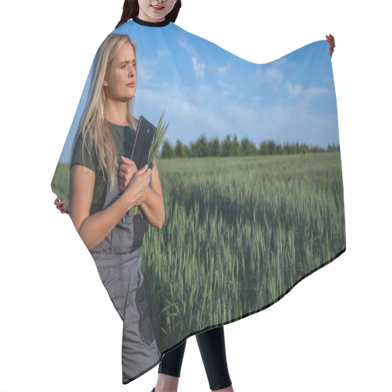 Personality  In The Midst Of A Sun-kissed Wheat Field Stands A Female Farmer, Her Face Adorned With A Pensive Expression As She Gazes Towards The Horizon. With One Hand Clasping A Tablet Close To Her Body, She Hair Cutting Cape