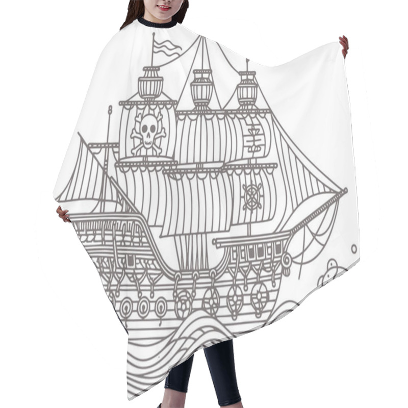 Personality  Detailed Line Art Of A Pirate Ship On The Ocean Waves Hair Cutting Cape