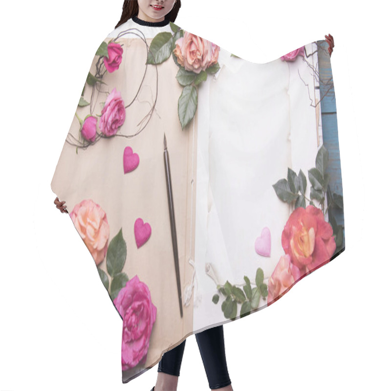 Personality  Aged Paper Sheets With Fresh Rose Flowers And Old Nib Pen Brush Hair Cutting Cape