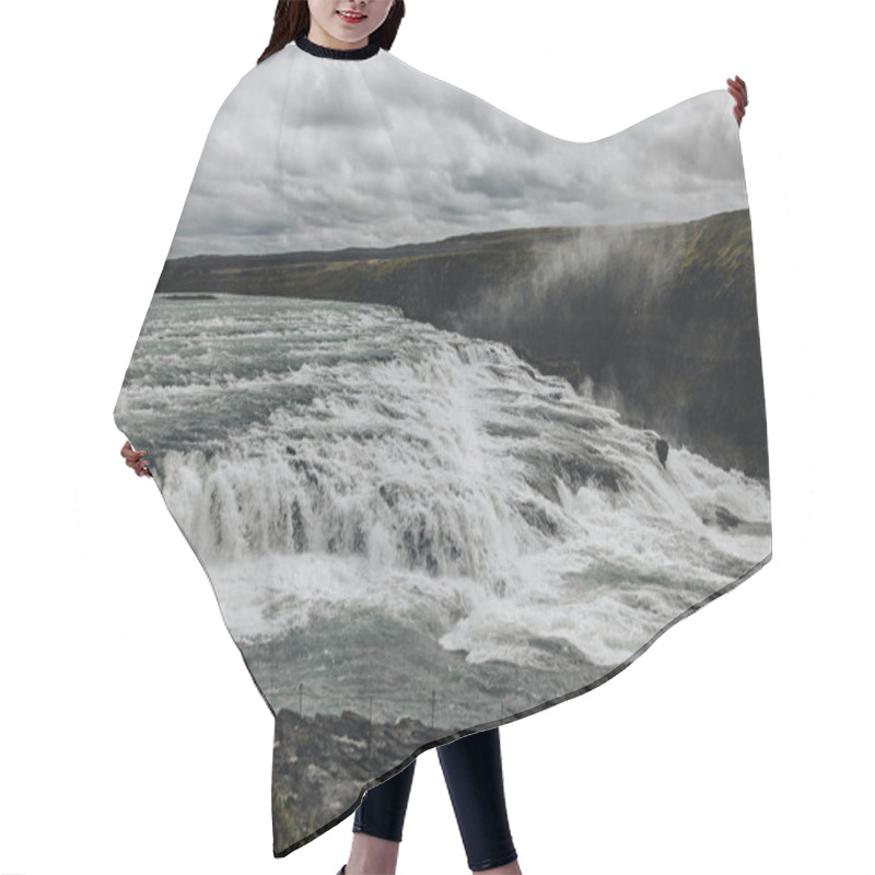 Personality  Aerial View Of Beautiful Gullfoss Waterfall Under Cloudy Sky In Iceland Hair Cutting Cape