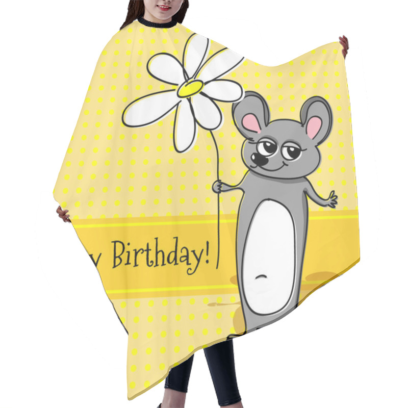 Personality  Vector Greeting Card With Mouse For Birthday. Hair Cutting Cape