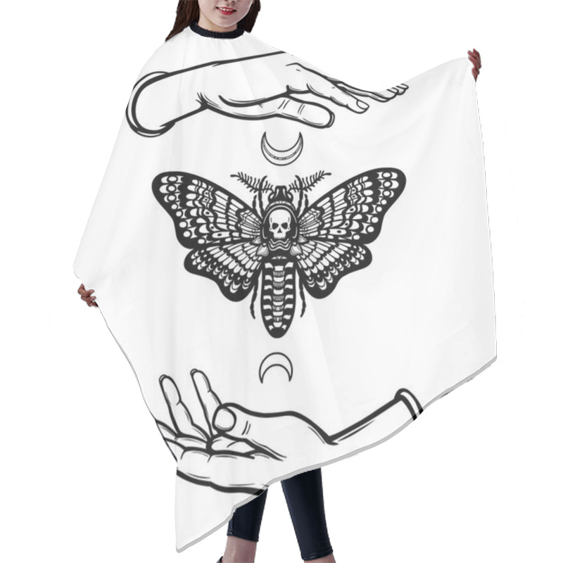 Personality  Human Hands Hold A Moth The Dead Head. Symbols Of The Moon. Mysticism, Esoteric, Sorcery. Coloring Book. Vector Illustration Isolated On A White Background. Hair Cutting Cape