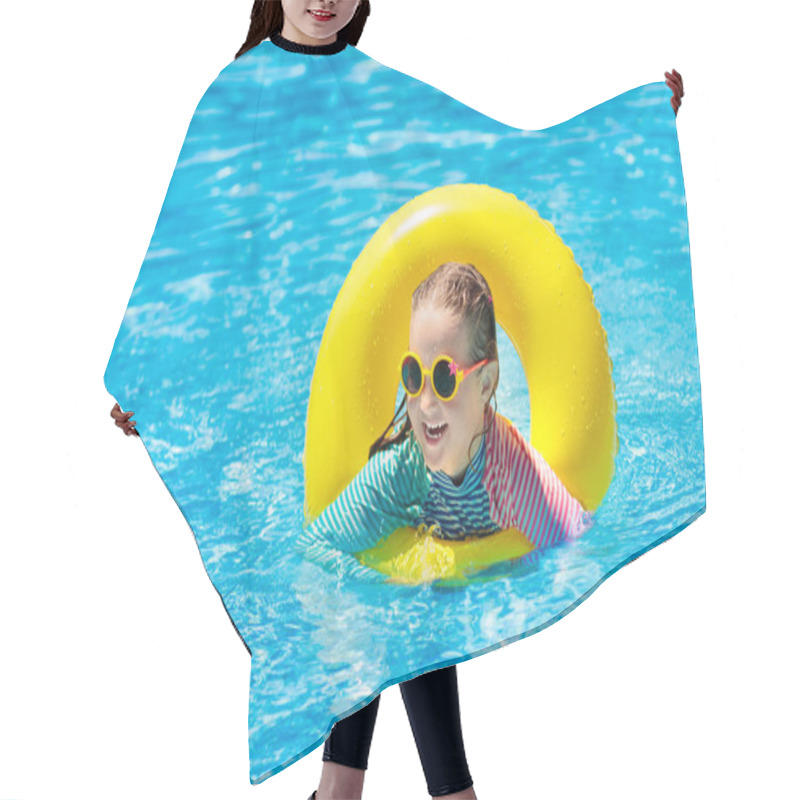 Personality  Child With Sunglasses In Swimming Pool. Little Girl On Inflatable Ring. Kid With Colorful Float. Kids Learn To Swim And Dive In Outdoor Pool Of Tropical Resort. Sun Protection And Eye Wear. Water Fun. Hair Cutting Cape