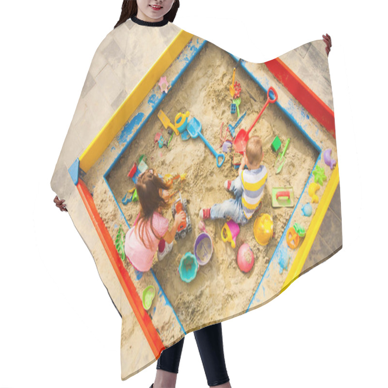 Personality  Happy Children Playing With Toys In Big Sandbox Outdoors, Top View Hair Cutting Cape