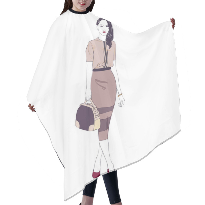 Personality  Beautiful Young Women In A Fashion Retro Clothes Midi Pencil Skirt With Bag On High Heels. Vector Hand Drawn Illustration. Hair Cutting Cape