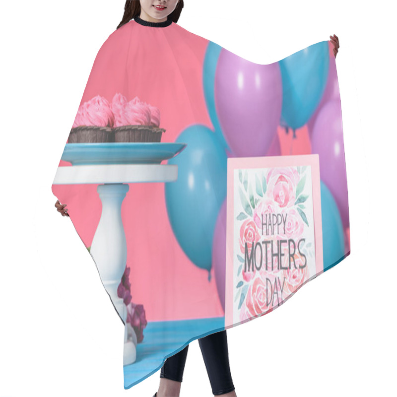 Personality  Postcard With Text Happy Mothers Day And Pink Cupcakes On Cake Stand Hair Cutting Cape