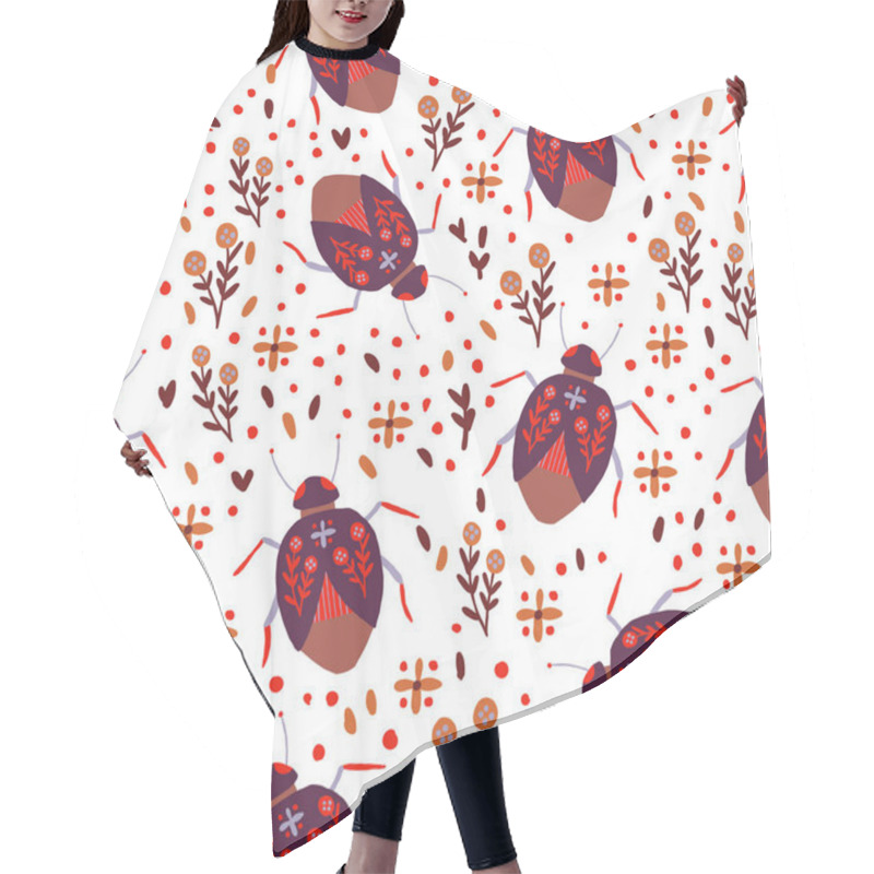 Personality  Playful Vector Pattern Featuring Red Bugs, Floral Elements, And Dotted Accents On A Whit Background. Perfect For Textiles, Wallpapers, Gift Wrap, And Creative Designs With A Bold, Nature-inspired Them Hair Cutting Cape