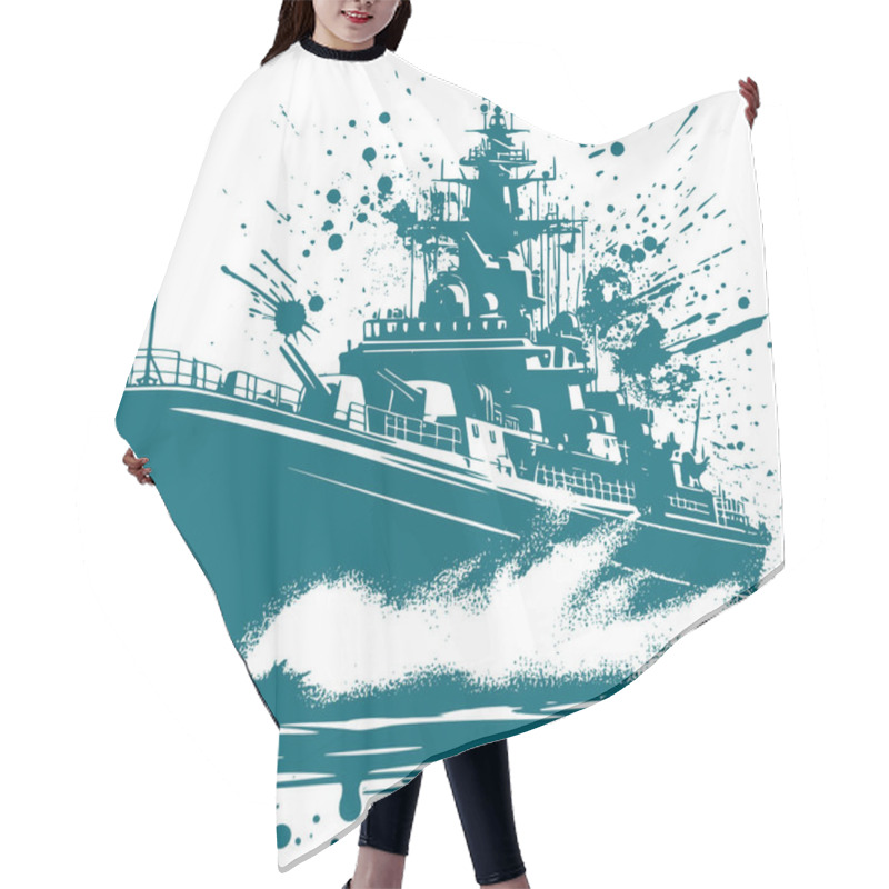 Personality  Big Warship Sailing Forward Art Stencil Drawing With Splashes Hair Cutting Cape