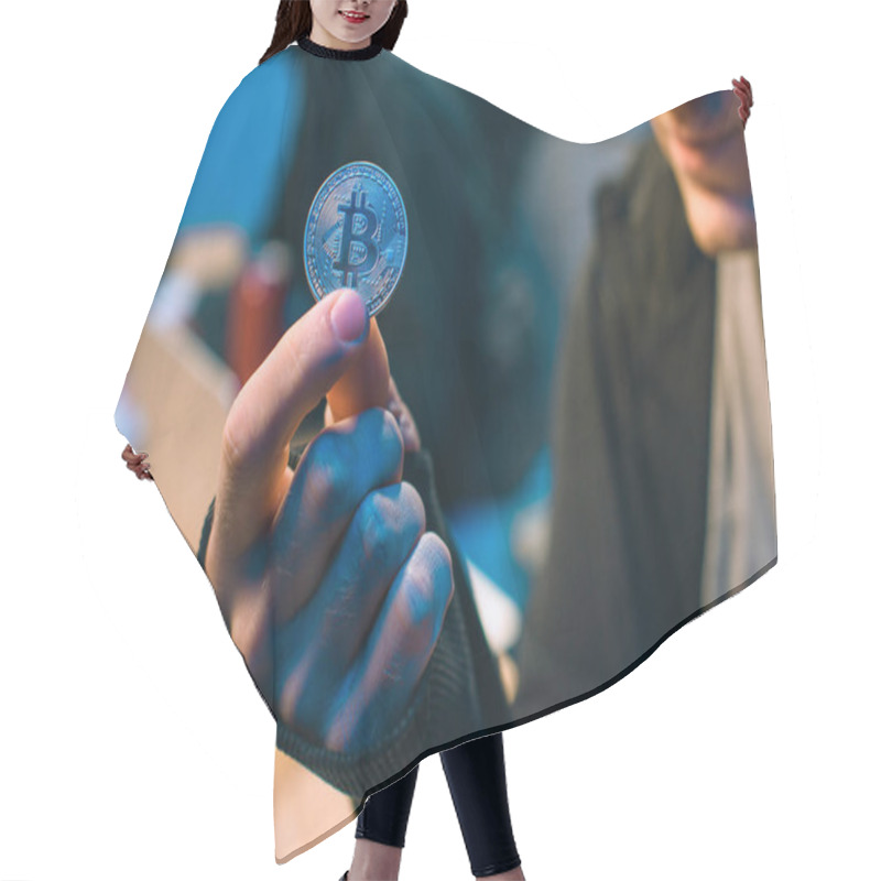 Personality  Cropped Shot Of Hacker Holding Bitcoin In Dark Room Hair Cutting Cape