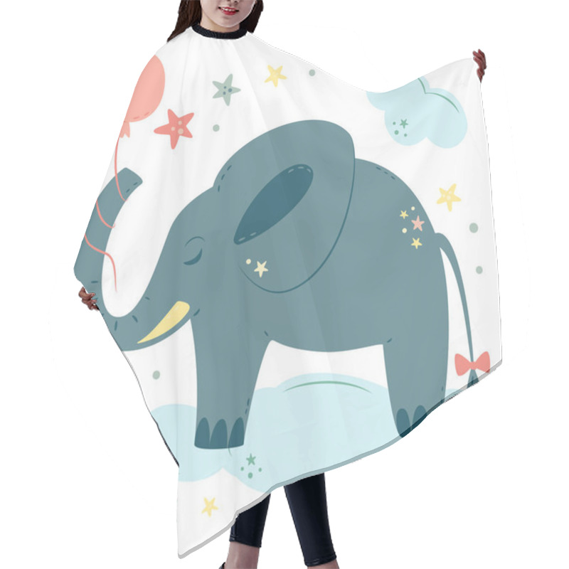 Personality  Nursery Vector Illustration In Cartoon Style. Cute Baby Elephant With Balloon Sleeps On Cloud. For Baby Room, Baby Shower, Greeting Card, Textile Print. Hand Drawn Nursery. Hair Cutting Cape