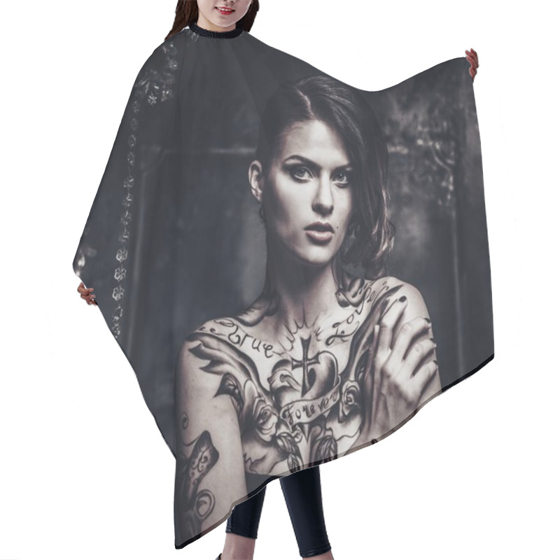 Personality  Tattooed Beautiful Woman In Old Spooky Interior Hair Cutting Cape