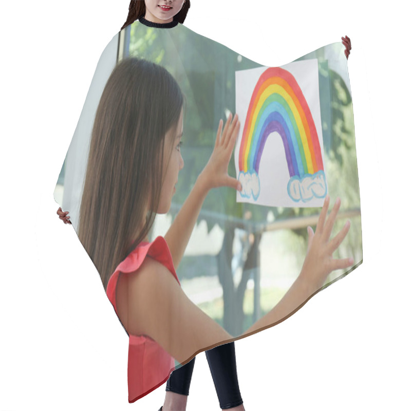 Personality  Little Girl With Picture Of Rainbow Near Window Indoors.  Stay At Home Concept Hair Cutting Cape