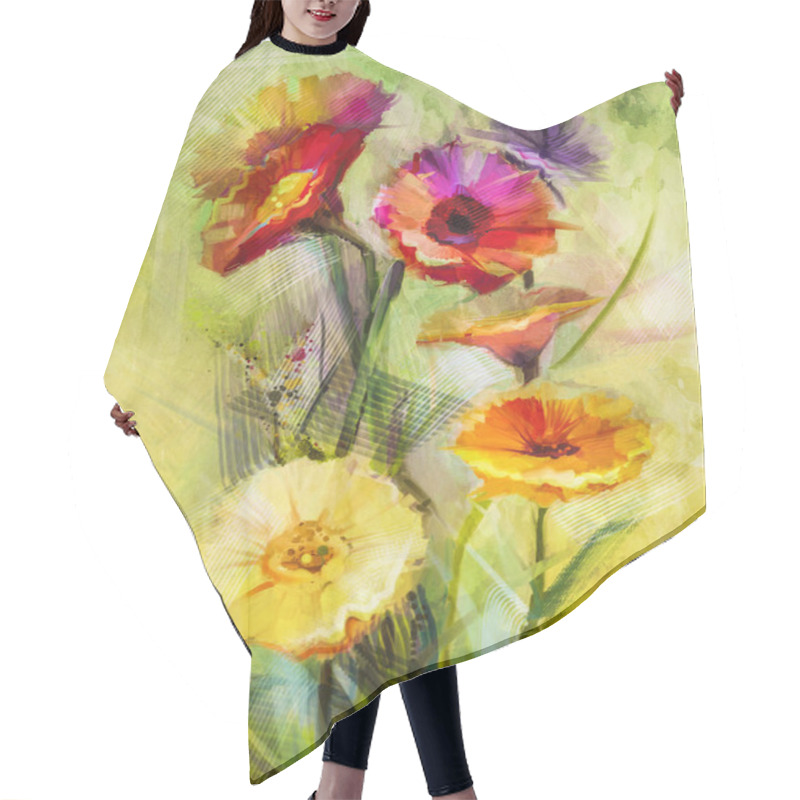 Personality  Watercolor Painting Flowers. Hand Paint Still Life Bouquet Of Yellow ,orange, White Gerbera Flowers On Grunge Textures Background. Hair Cutting Cape