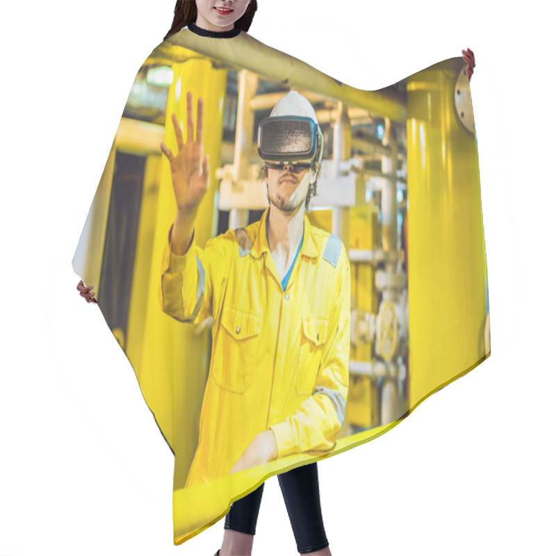 Personality  Young Woman In A Yellow Work Uniform, Glasses And Helmet Uses Virtual Reality Glasses In Industrial Environment, Oil Platform Or Liquefied Gas Plant Hair Cutting Cape