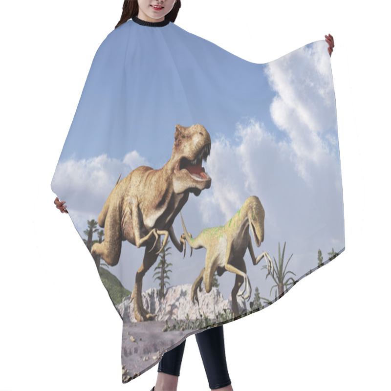 Personality  Tyrannosaurus Rex Chasing A Velociraptor Hair Cutting Cape