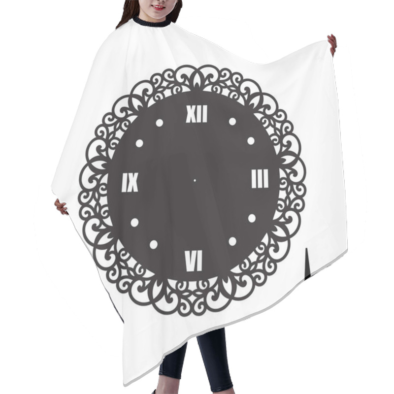 Personality  Simple Clock Face With Roman Numerals. Vector Template Of Silhouette. Dial For Laser Cut, Wood Carving, Die Cut Pattern. Illustration Isolated On White Background. Openwork Stencil With Lace Ornament. Hair Cutting Cape