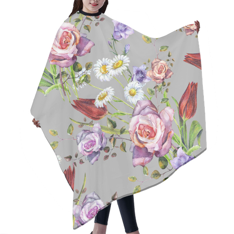 Personality  Watercolor Delicate Flowers Bouquet. Floral Seamless Pattern On A Gray Background.  Beautiful  Hand Pattern For Decoration And Design.  Hair Cutting Cape