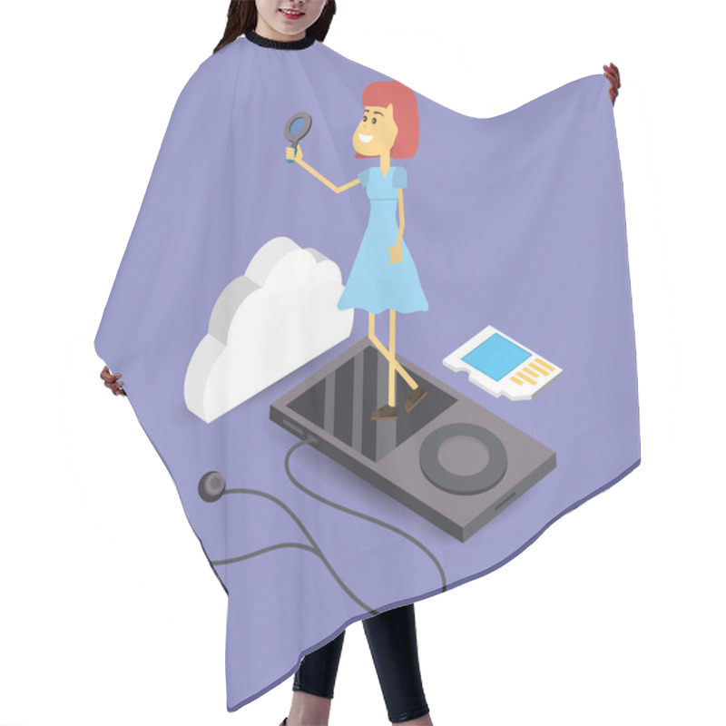 Personality  Young Woman Holding Magnifying Glass Using Data Cloud Mail Storage Network Cartoon Hair Cutting Cape