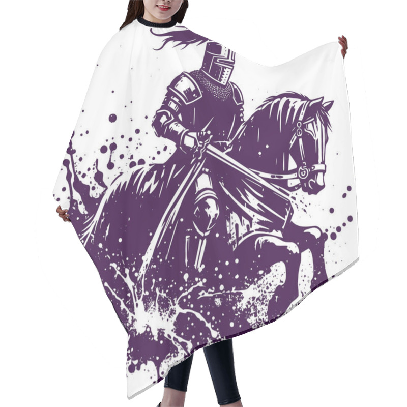 Personality  An Ancient Knight In Armor Gallops On A Horse Drawing His Sword Abstract Vector Stencil Drawing Hair Cutting Cape