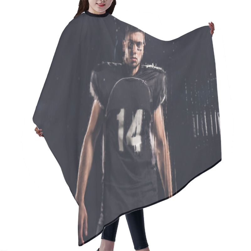 Personality  View Of Young American Football Player Looking At Camera On Black Through Wet Glass Hair Cutting Cape