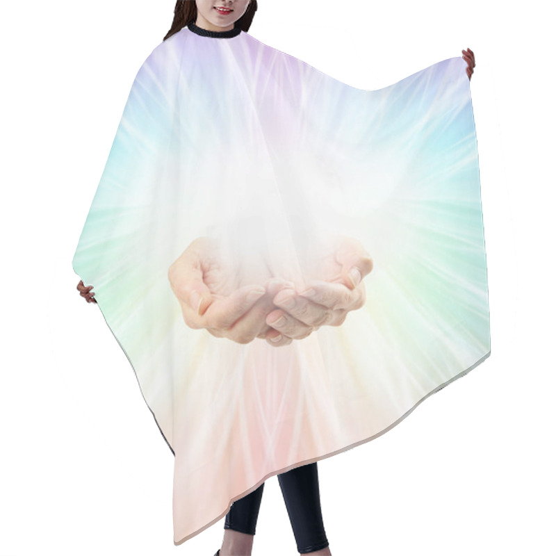 Personality  Using Colour Healing Full Spectrum Energy Background - Female Cupped Hands With Rainbow Coloured Light Flowing Out In All Directions From Central White Orb Light And Copy Space All Around Hair Cutting Cape