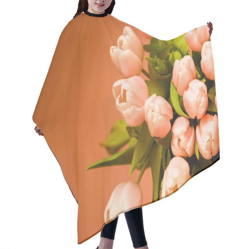 Personality  The Bouquet Of Pink (coral) Tulips On Coral Background Hair Cutting Cape