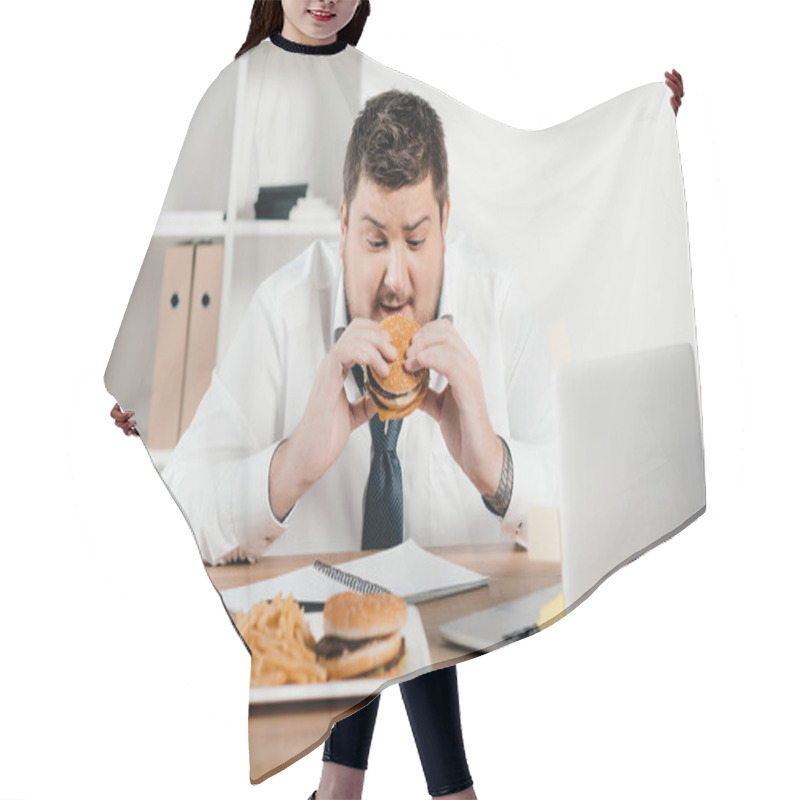 Personality  Overweight Businessman Eating Junk Food In Office Hair Cutting Cape