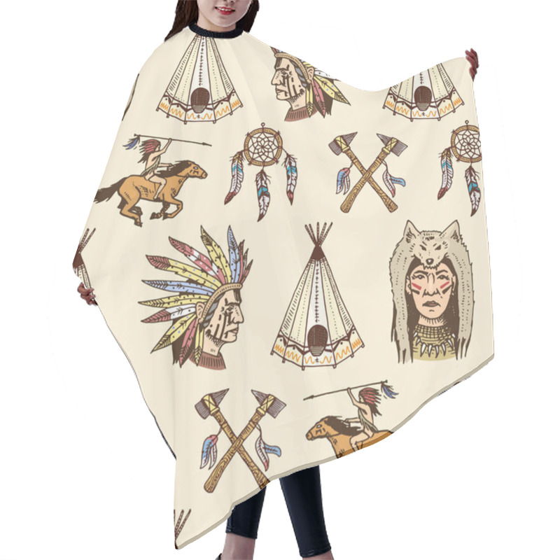 Personality  Indian Or Native American. Seamless Pattern. Axes And Tent, Dreamcatcher And Cherokee, Tomahawk. Set Of Engraved Vintage, Hand Drawn, Old, Labels Or Badges. Hair Cutting Cape