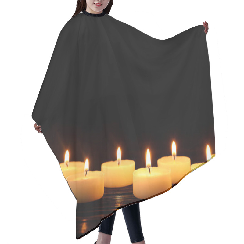 Personality  Burning Candles On Table Against Black Background, Space For Text Hair Cutting Cape