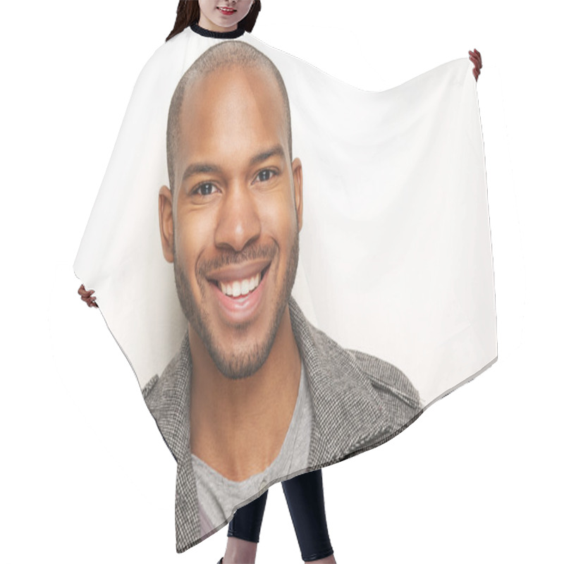 Personality  Portrait Of A Handsome Young Man Smiling Hair Cutting Cape