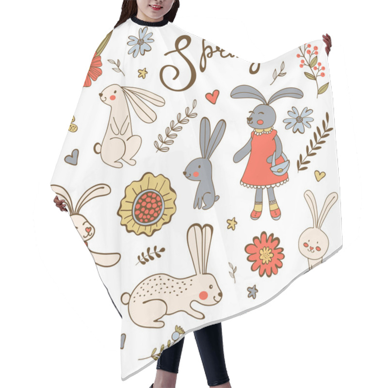 Personality  Cute Hand Drawn Collection Of Bunnies Rabbits And Flowers Hair Cutting Cape