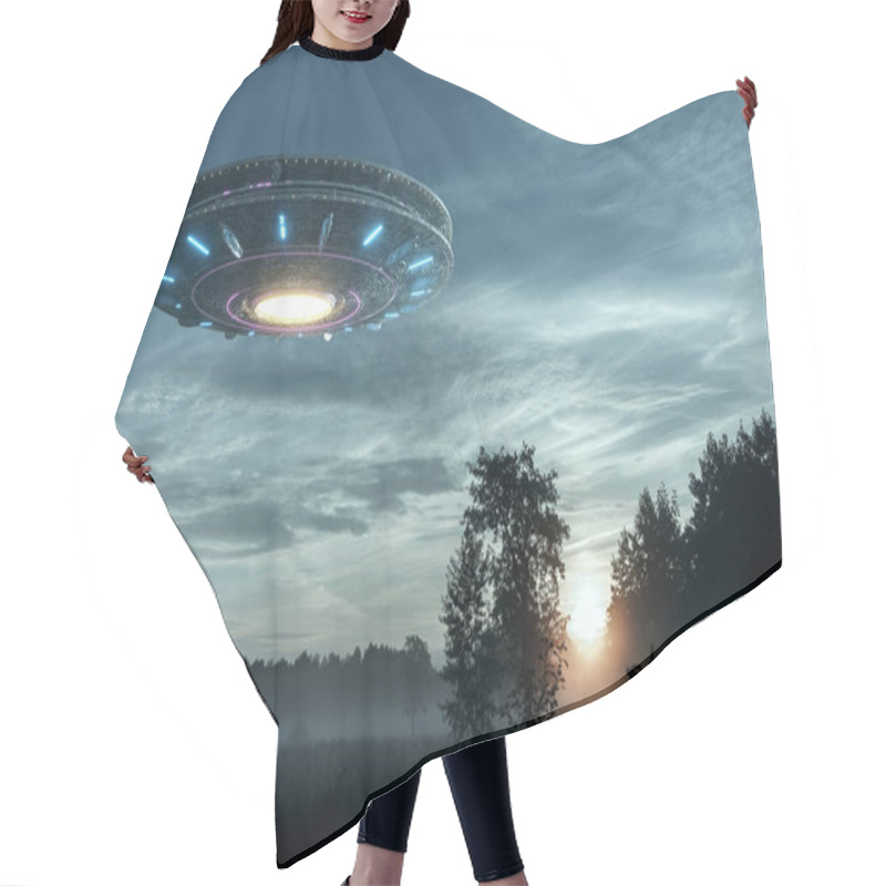 Personality  UFO, An Alien Plate Hovering Over The Field, Hovering Motionless In The Air. Unidentified Flying Object, Alien Invasion, Extraterrestrial Life, Space Travel, Humanoid Spaceship Mixed Medium Hair Cutting Cape