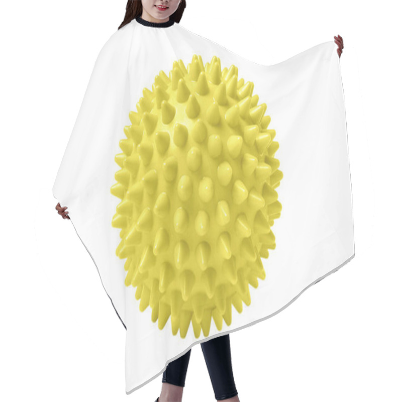 Personality  Yellow Plastic Spiny Massage Ball Isolated On White. Concept Of Physiotherapy Or Fitness. Closeup Of A Colorful Rubber Ball For Dog Teeth On A White Color Background. Corona Virus Model Hair Cutting Cape