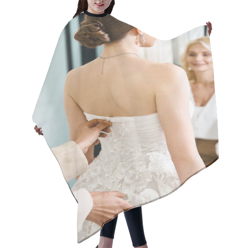 Personality  A Young, Brunette Bride In A White Wedding Dress Prepares For Her Big Day In A Serene Bridal Salon. Hair Cutting Cape