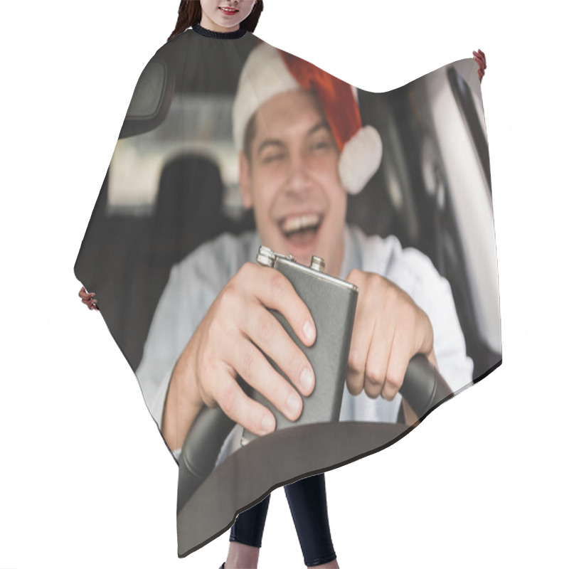 Personality  Laughing, Drunk Man In Santa Hat Holding Flask With Alcohol While Driving Car On Blurred Background Hair Cutting Cape