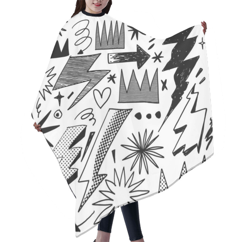 Personality  A Bold Black-and-white Doodle Collection Featuring Lightning Bolts, Stars, And Various Abstract Shapes With Halftone Effect For Texture. Hair Cutting Cape