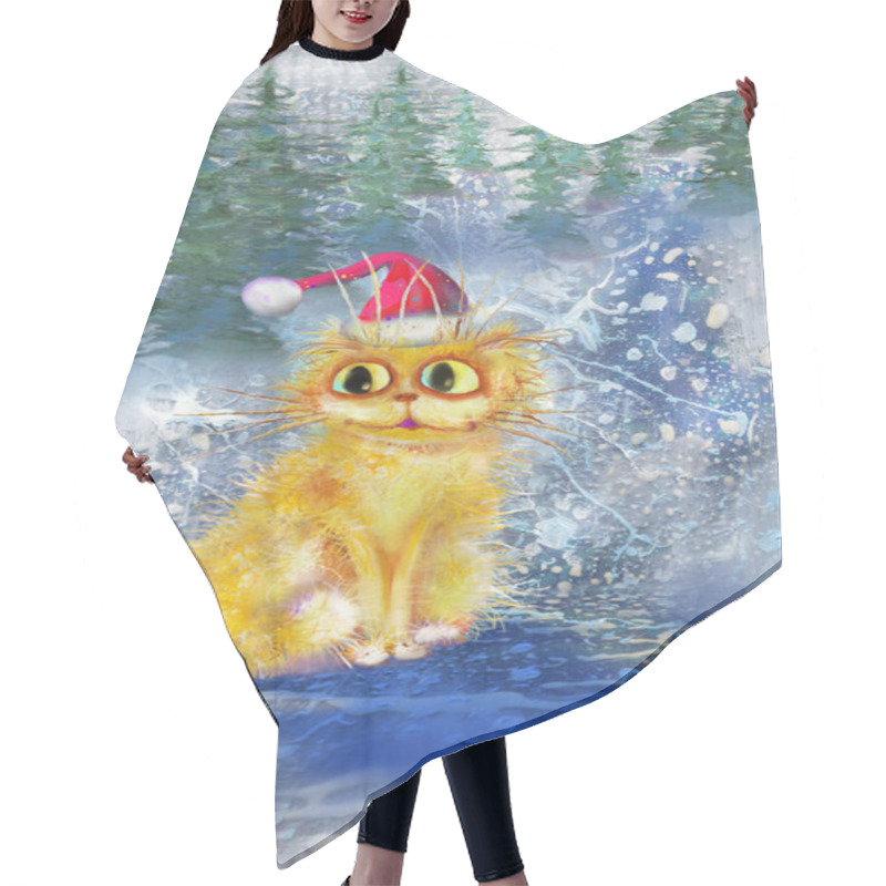 Personality  Yellow Cat At Winter Landscape Background Hair Cutting Cape