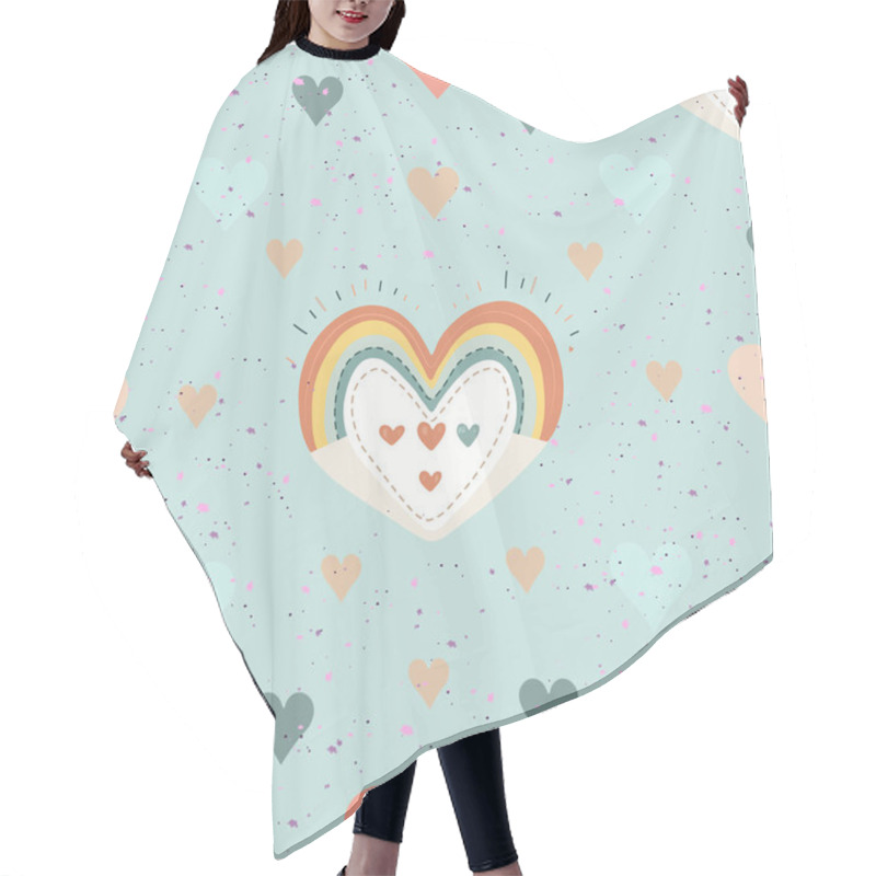 Personality  Seamless Pastel Heart Pattern With Rainbow Accents. Whimsical Heart And Rainbow Design On White Background. Colorful Hearts And Dotted Accents Repeating Pattern Hair Cutting Cape