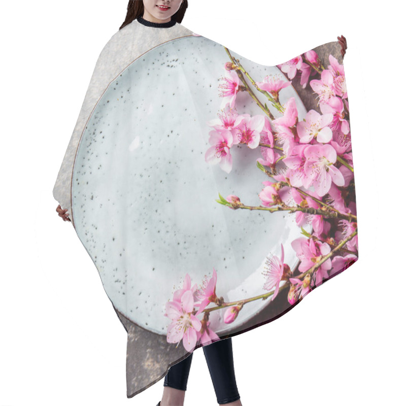 Personality  Sakura Branches Around Gray Plate, Stone Background. Japanese Food Concept. Top View, Copy Space. Hair Cutting Cape