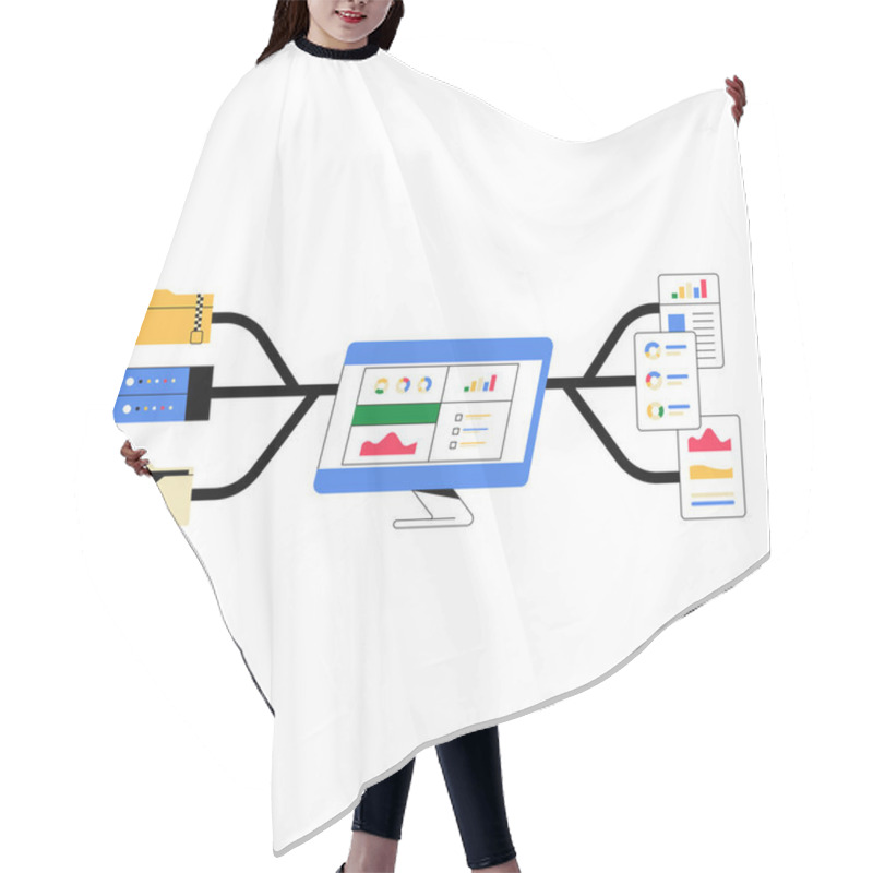 Personality  Illustration Of A Digital Dashboard Connected To Devices Like Folders And Charts, Symbolizing Data Management, Analytics, And Workflow Integration, Isolated On White. Hair Cutting Cape