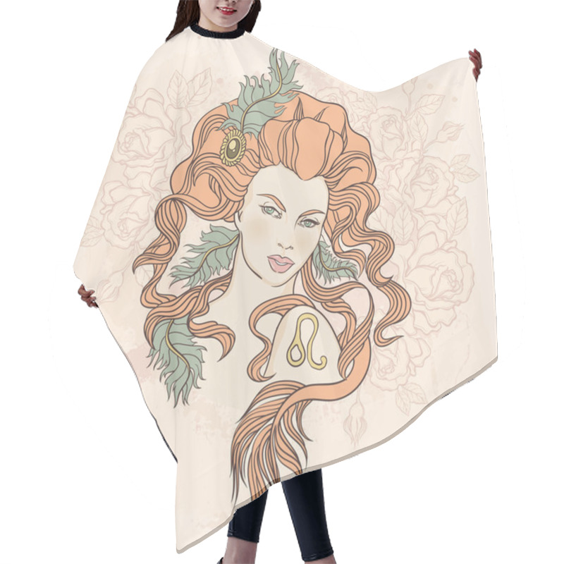 Personality  Zodiac. Vector Illustration Of Leo As Girl With Flowers. Design  Hair Cutting Cape