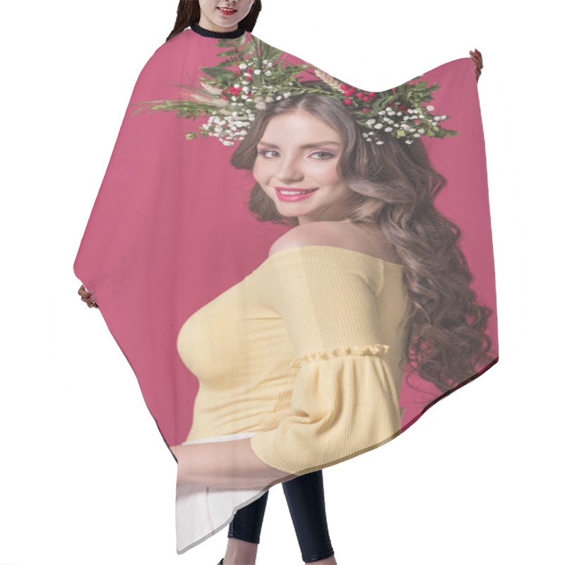 Personality  Beautiful Girl With Flowers Wreath On Head Looking At Camera Isolated On Burgundy Hair Cutting Cape