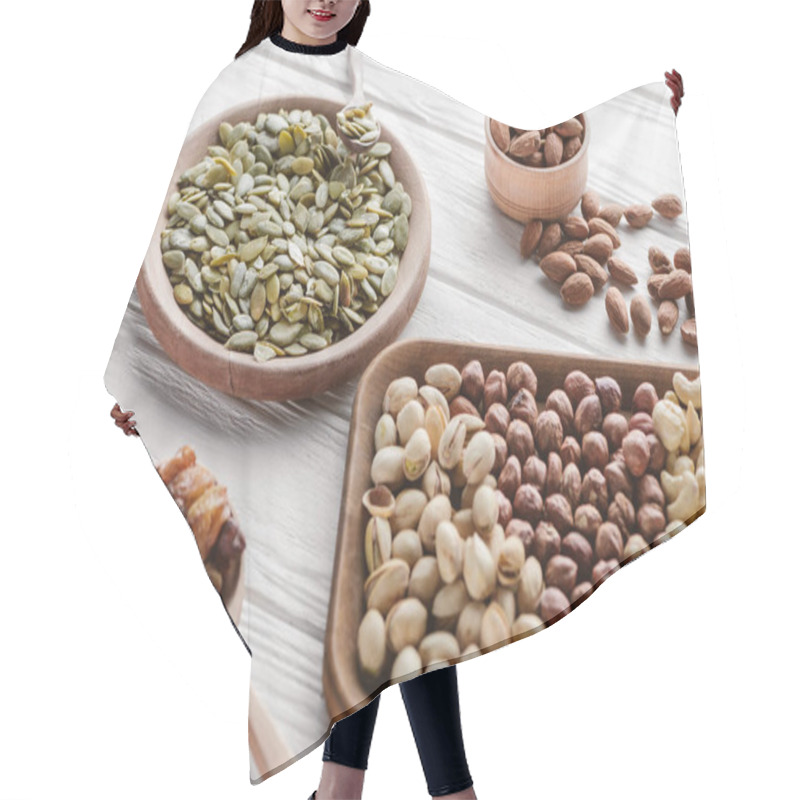 Personality  Assorted Delicious Nuts And Raisins In Wooden Plates And Spoon Hair Cutting Cape