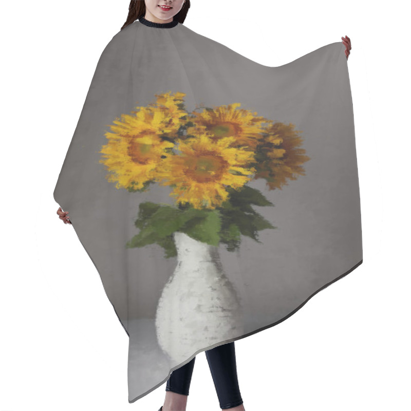 Personality  Painted Yellow And Blooming Sunflowers In Vase On Grey  Hair Cutting Cape