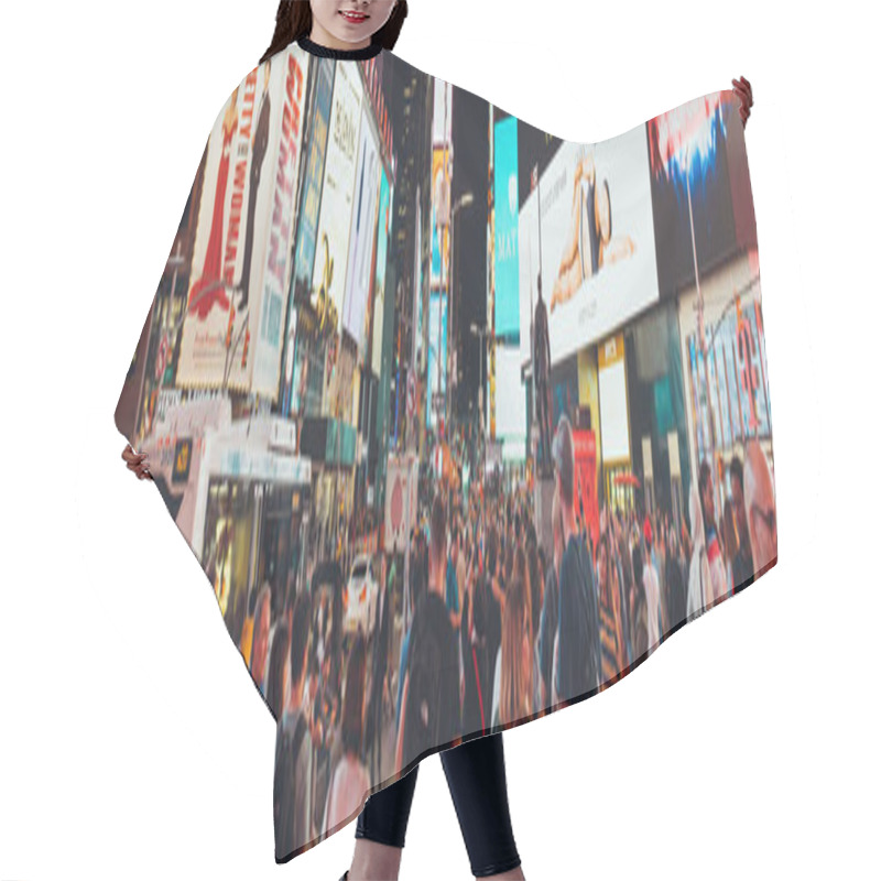 Personality  TIMES SQUARE, NEW YORK, USA - OCTOBER 8, 2018: Panoramic View Of Crowded Times Square In New York At Night, Usa Hair Cutting Cape