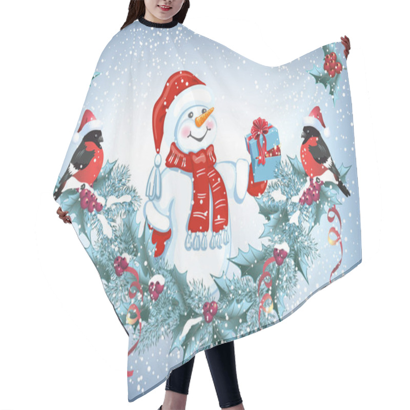 Personality  Christmas Card With Snowman With Gift Box And Decorative Garland Hair Cutting Cape