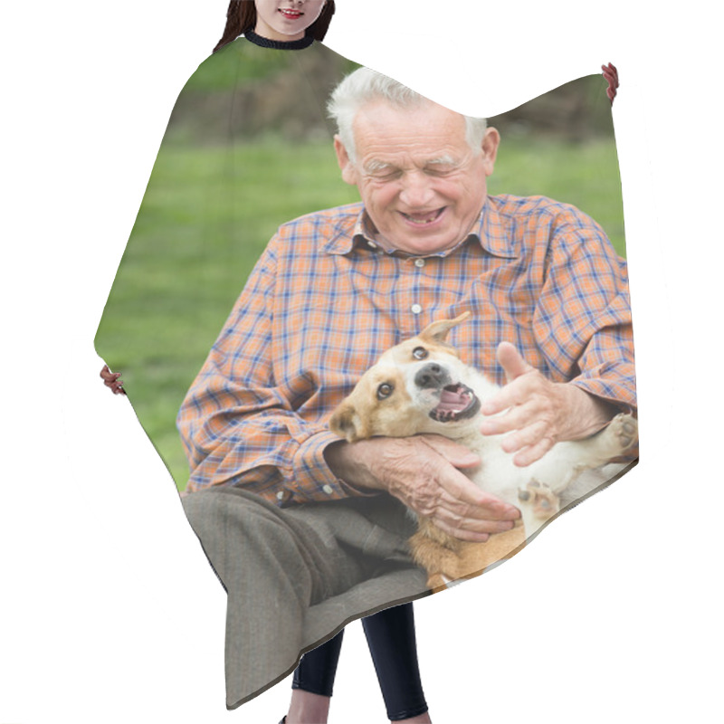 Personality  Old Man Playing With Dog Hair Cutting Cape